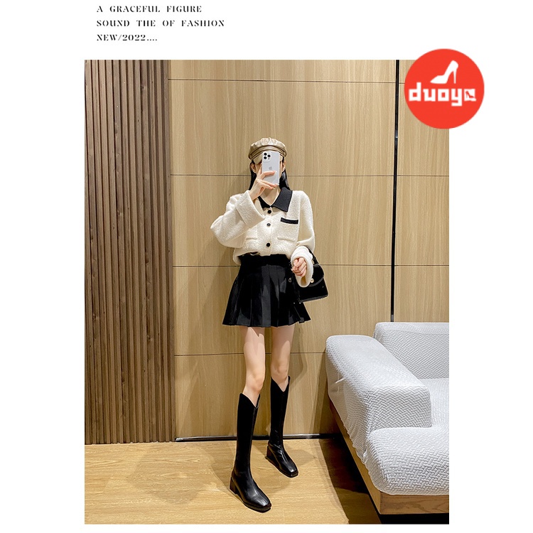Duoya Hair Thẳng ~ [Hàng Có Sẵn] Giày Bốt Đi Học Ống Cao Dày Dặn Co Giãn Phong Cách Mới Mùa Xuân Thu Chất Lượng Cao Cho Nữ