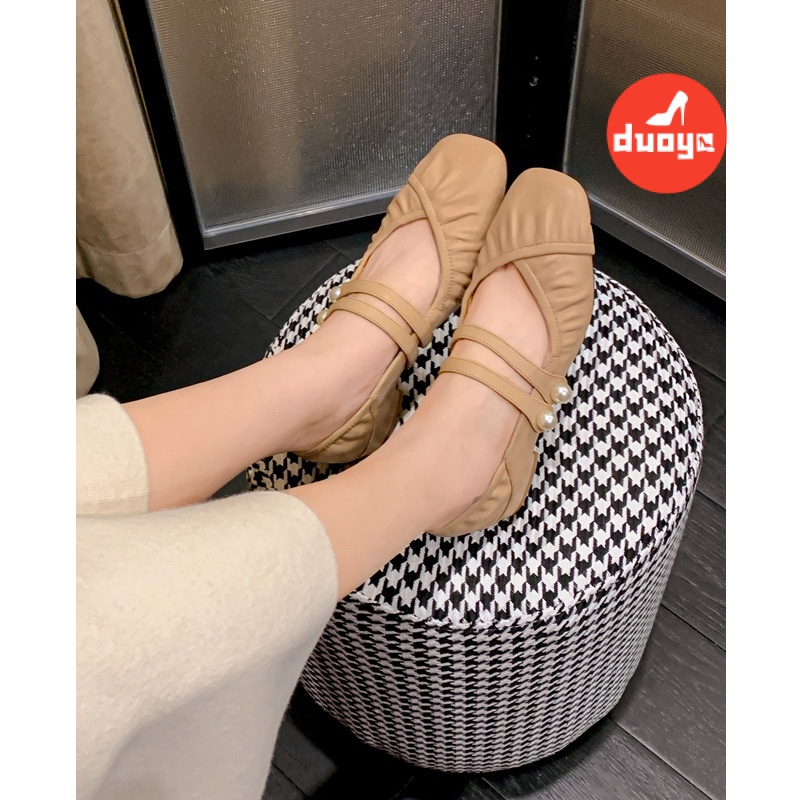 Tóc Thẳng Của Nhà Máy Duoya ~ [Hàng Có Sẵn] RuoDan Mềm ~!Giày Búp Bê Da Mềm Gót Dày Mũi Vuông Xếp Ly Đính Ngọc Trai Thời Trang Cho Nữ