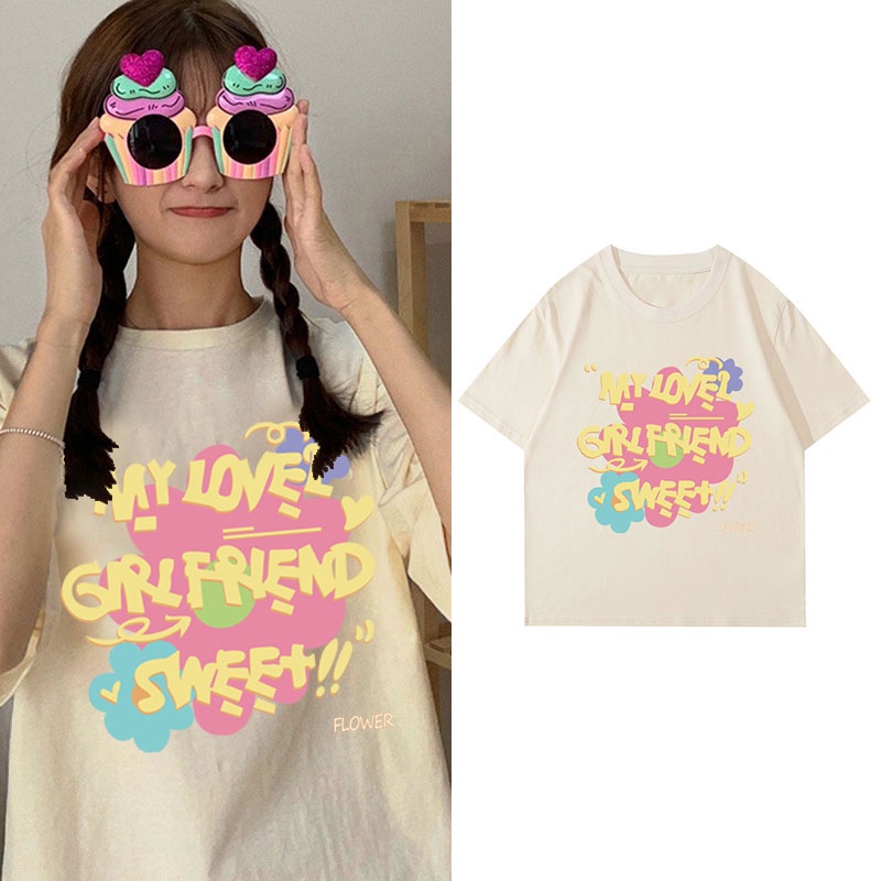 Áo thun NRVP 100% cotton tay ngắn cổ tròn in họa tiết phong cách Hàn Quốc cho nữ