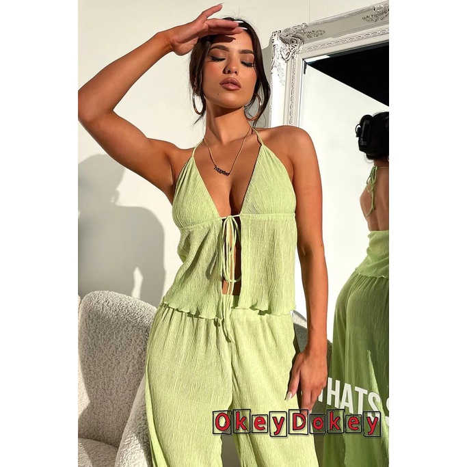 Bộ Áo Tank Top Y2K Buộc Dây Hở Lưng + Quần Ống Rộng Lưng Cao Thời Trang Cho Nữ