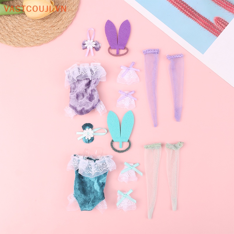 1 Bộ Đầm + Vòng Đeo Tay + Vớ / Băng Đô Nơ Hình Thỏ Dễ Thương Cho Búp Bê 11.8inch