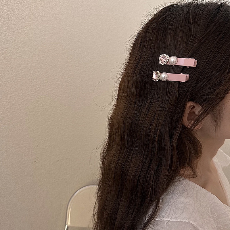 Kẹp Tóc Mỏ Vịt Phẳng Đính Kim Cương &amp; Ngọc Trai Màu Hồng Phong Cách Hàn Quốc Cho Nữ