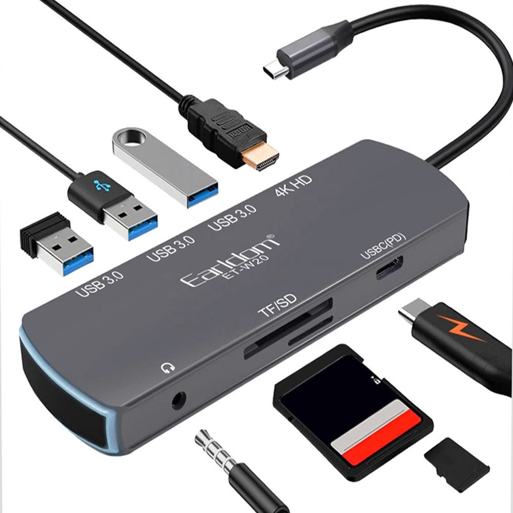 Cáp Chuyển USB Type C to HDMI 4K + 3 USB 3.0 + SD/TF + 3.5MM + USB C Earldom W20