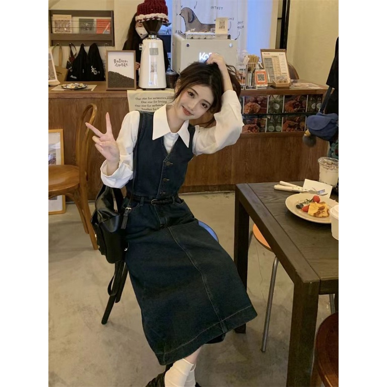 Bộ Áo Sơ Mi + Chân Váy Denim Dài Giả Hai Lớp Mẫu Mới 2023 Thời Trang Mùa Xuân Pháp Cho Nữ