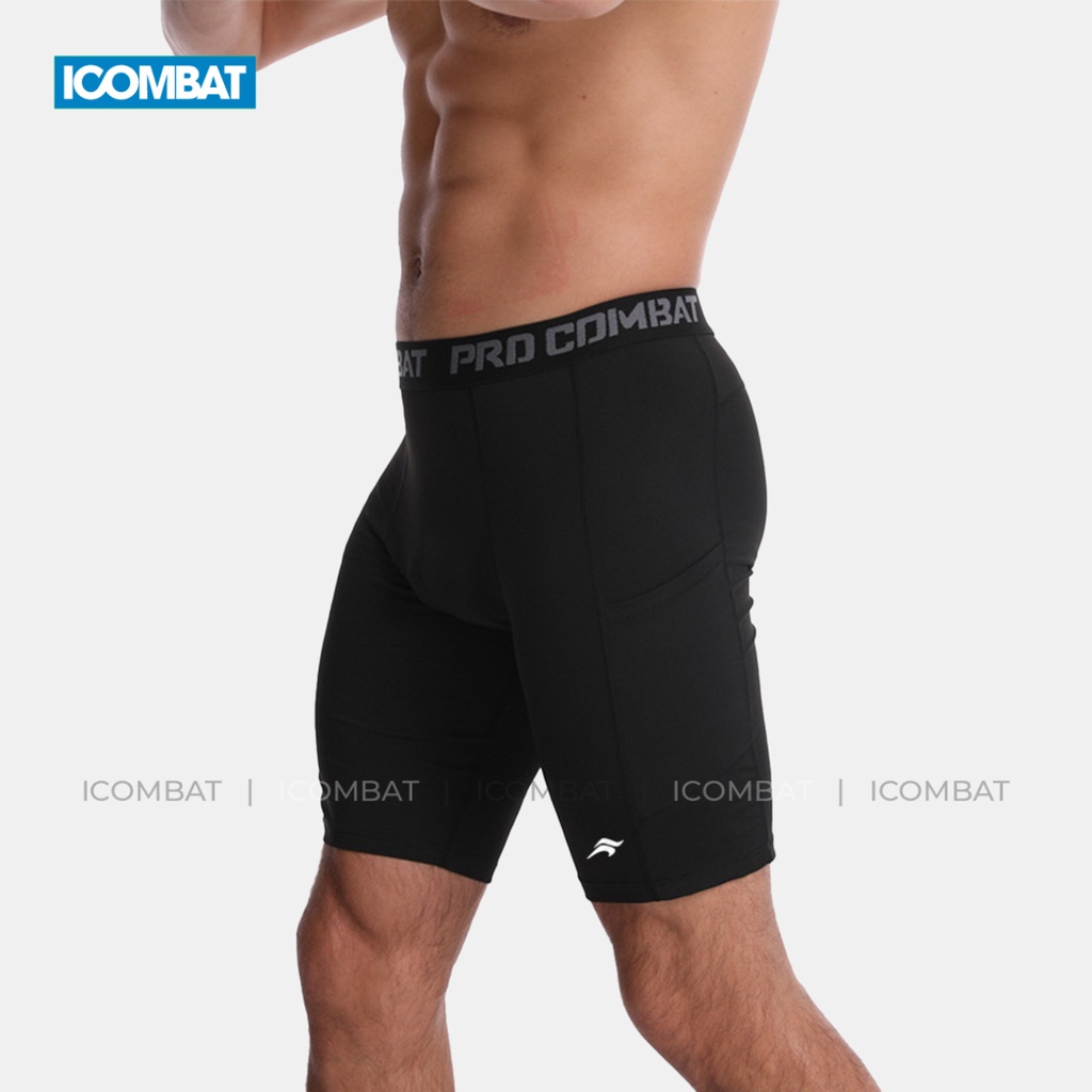 Quần legging thể thao nam ngắn có túi chạy bộ thoáng mát ICOMBAT RUNNING Vải Coolmax™ ½ màu đen màu trắng - QL50