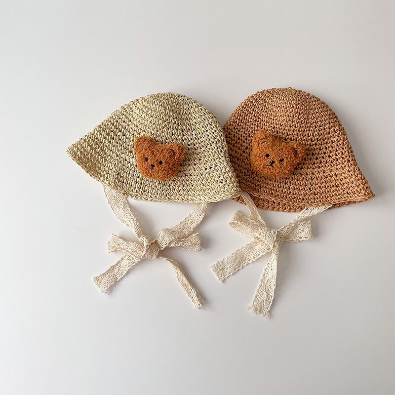 Mũ Nón Cói Mềm, Dáng Bucket Phong Cách Hàn Quốc, Đính Gấu Bông Xù Dễ Thương, Có Dây Cột Chất Liệu Ren Điệu Đà Cho Bé Yêu