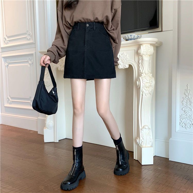 Chân váy jean Đen Dáng Chữ A Lưng Cao Phong Cách Retro Dành Cho Nữ