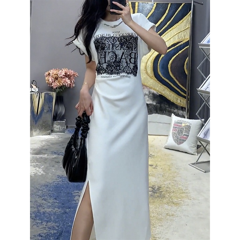 Đầm Thun Dáng Dài Cổ Tròn In Chữ Phong Cách Châu Âu Thời Trang Mùa Hè Cho Nữ