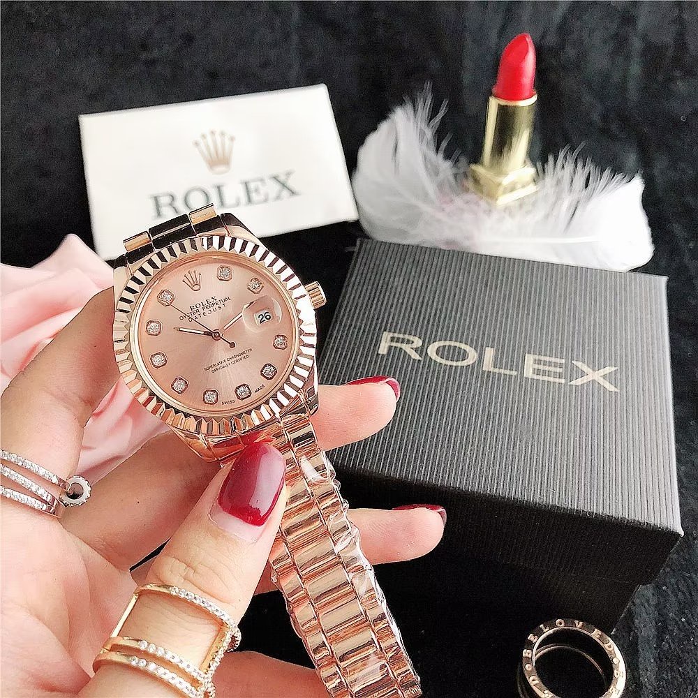 Đồng Hồ Rolex Mặt Tròn Đính Kim Cương Dây Da Thép Không Gỉ Thời Trang Cho Cặp Đôi