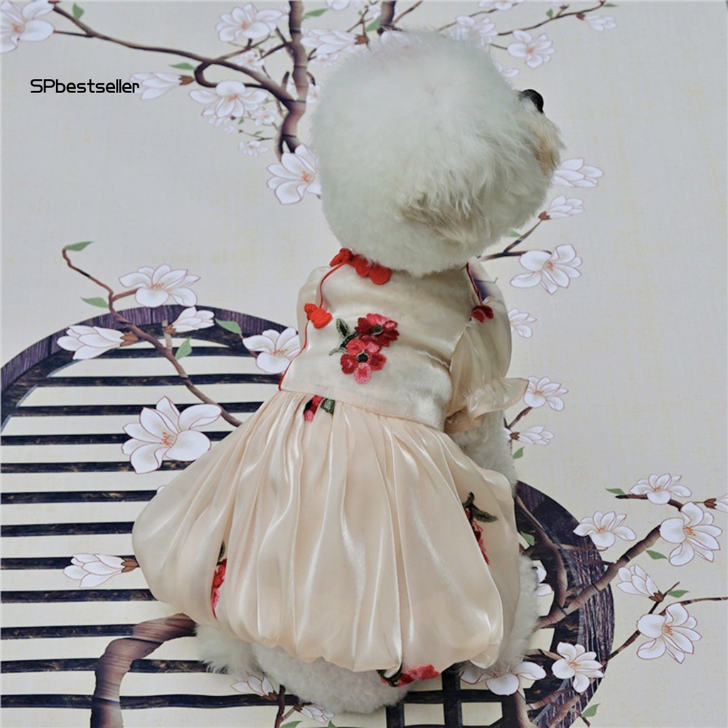 Đầm Sườn Xám Tay Phồng Thêu Hoa Thời Trang Xuân Hè Cho Cún Cưng