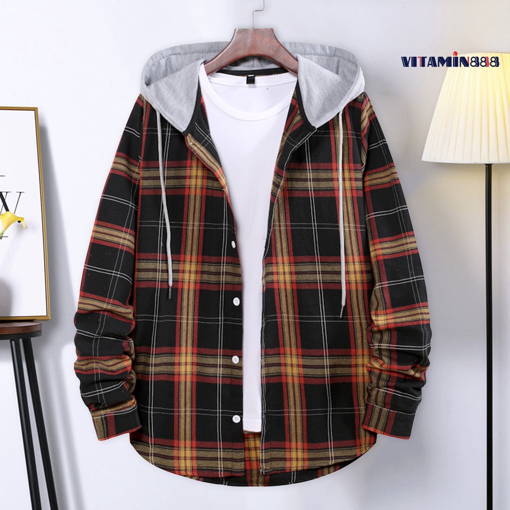 Áo Khoác Sơ Mi Tay Dài Có Mũ Trùm Đầu Dây Rút Một Hàng Nút Kẻ Sọc Caro Mùa Xuân Đường Phố Cho