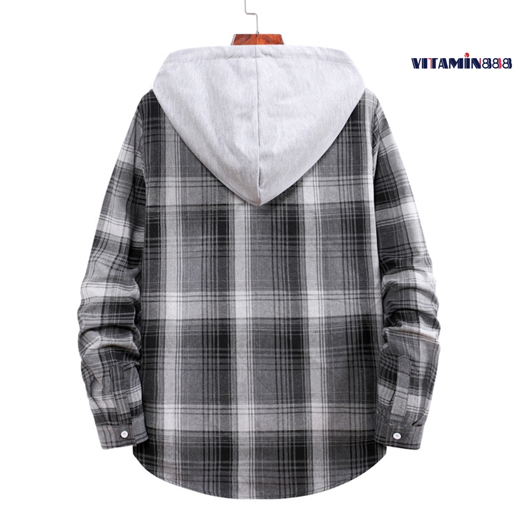 Áo Khoác Sơ Mi Tay Dài Có Mũ Trùm Đầu Dây Rút Một Hàng Nút Kẻ Sọc Caro Mùa Xuân Đường Phố Cho