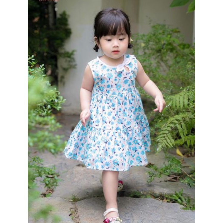 Váy Bé Gái CARROT Cổ Viền Nơ, Daisy Xanh, Chất Liệu Thô Cotton Thấm Hút Mồ Hôi Tốt