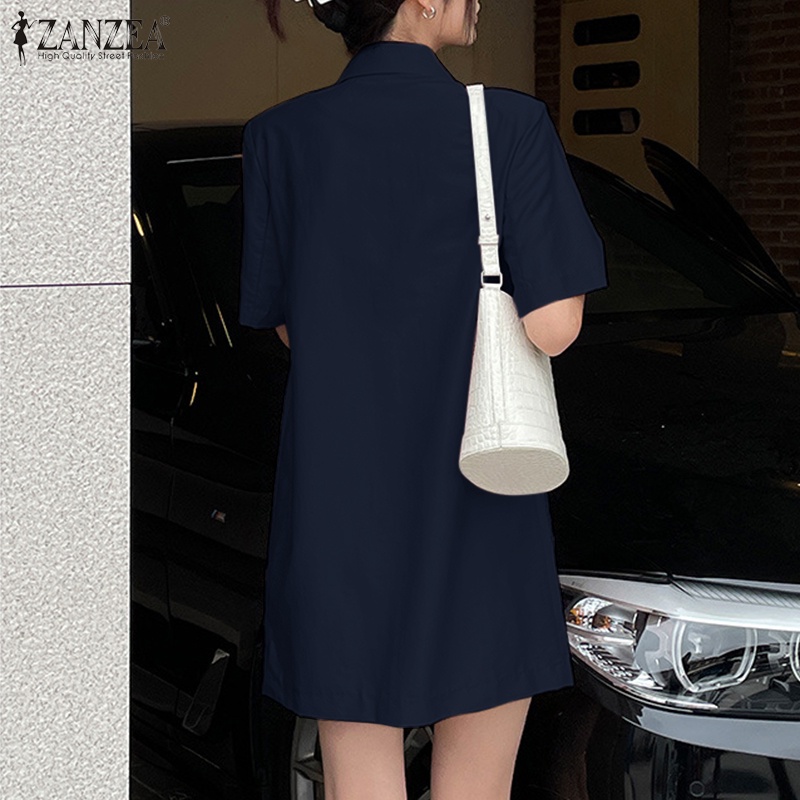 ZANZEA Đầm Mini Tay Ngắn Màu Trơn Cài Nút Phong Cách Hàn Quốc Thời Trang Cho Nữ