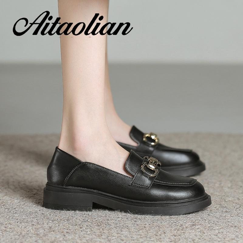 Giày Lười Da Thật Đế Bằng 3cm Phối Khóa Kim Loại Đơn Giản Thời Trang Cho Nữ