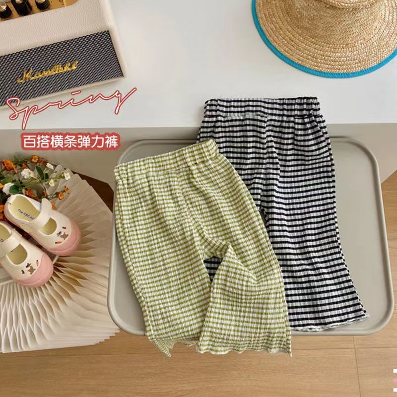 Quần Dài Ống Loe Họa Tiết Sọc Caro Chống Muỗi Thời Trang Mùa Hè Cho Bé Gái