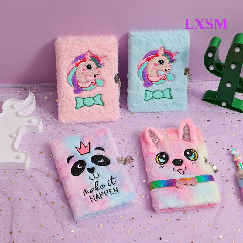 Sổ Tay Nhật Ký Hình Kỳ Lân / Chó / Gấu Trúc Nhồi Bông Dễ Thương Kèm Khóa Cài Tiện Dụng