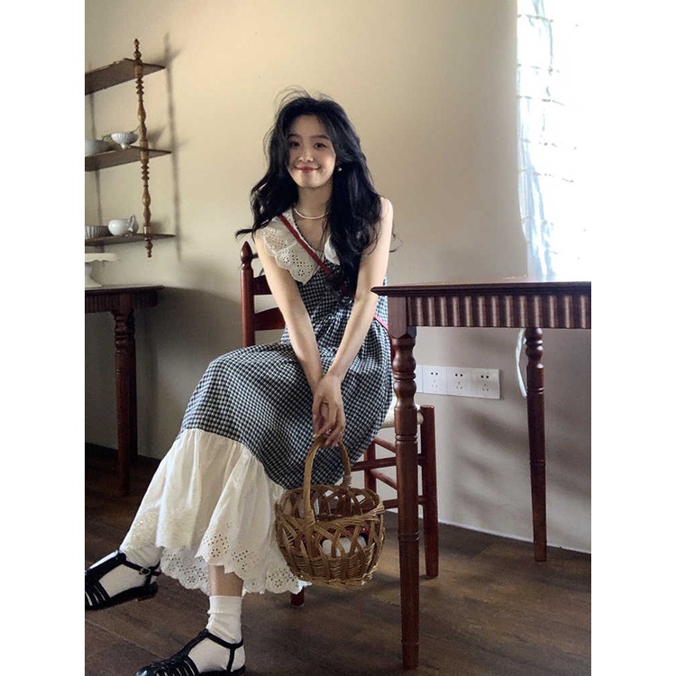 Đầm Dài Không Tay Cổ Búp Bê Họa Tiết Sọc Caro Ngọt Ngào Thời Trang Mùa Hè Theo Phong Cách Pháp Cho