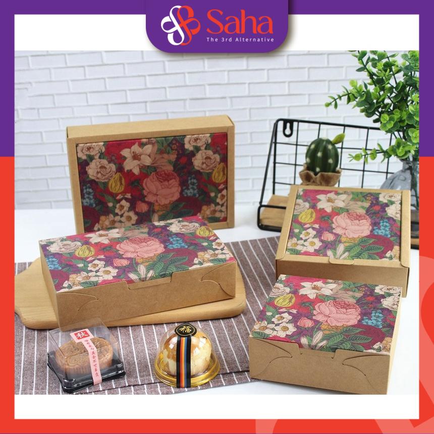 Hộp Đựng Bánh Trung Thu Giấy Kraft In Hoa Vintage Đựng 4 Bánh Hoặc 6 Bánh Loại 50gr