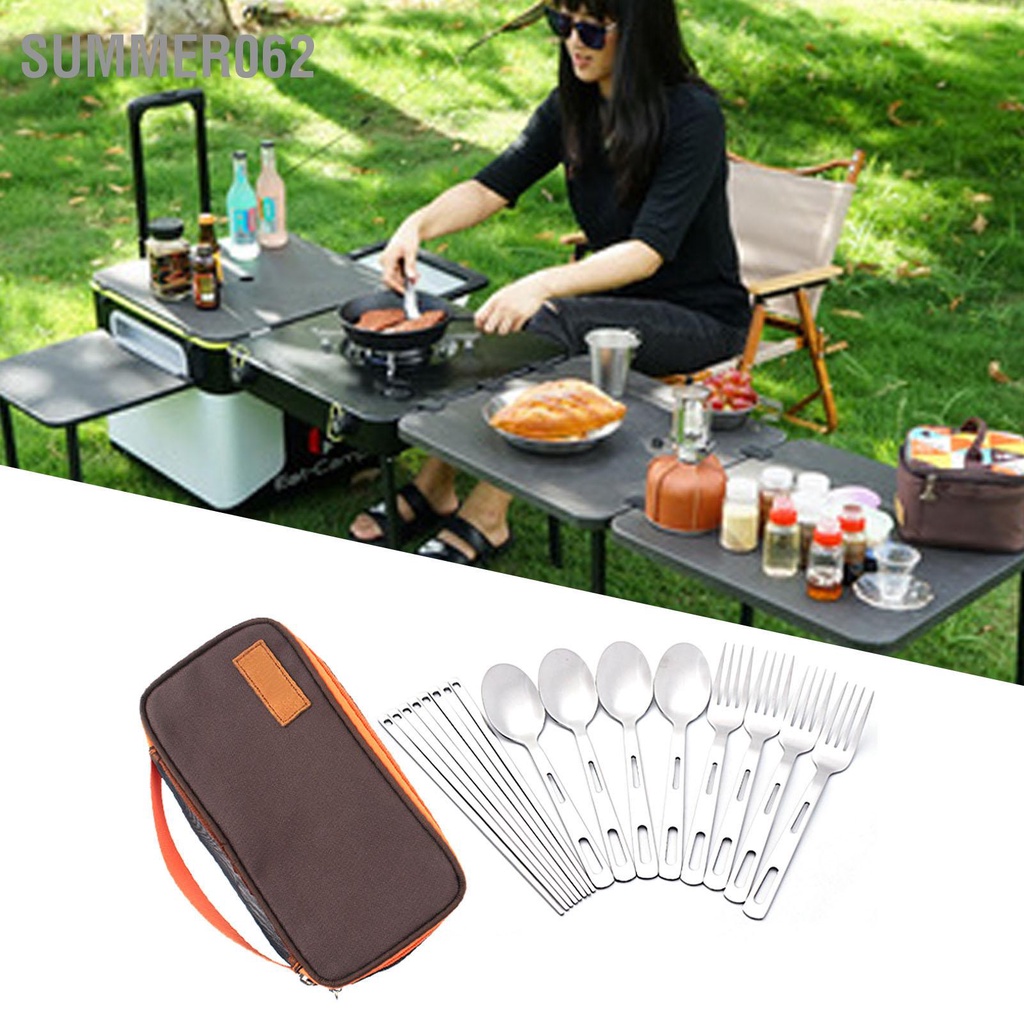 Summer062 Dụng Cụ Cắm Trại Bộ Muỗng Nĩa Inox Đũa Di Động Nhà Bếp Có Túi Bảo Quản Cho Ngoài Trời
