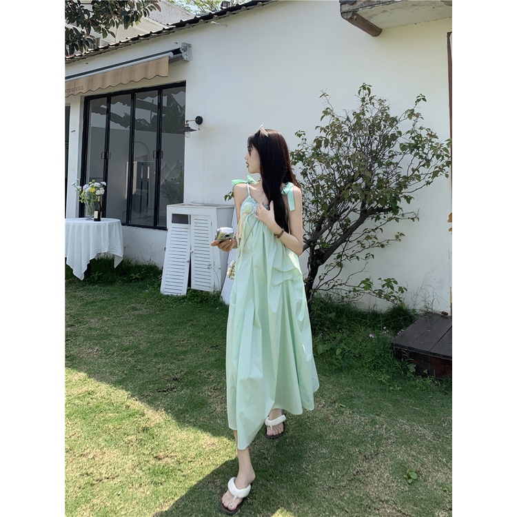 Đầm Hai Dây Dáng Dài Rộng Thắt Nơ In Hoa Thời Trang Mùa Hè Hàng Mới Dành Cho Bạn Nữ