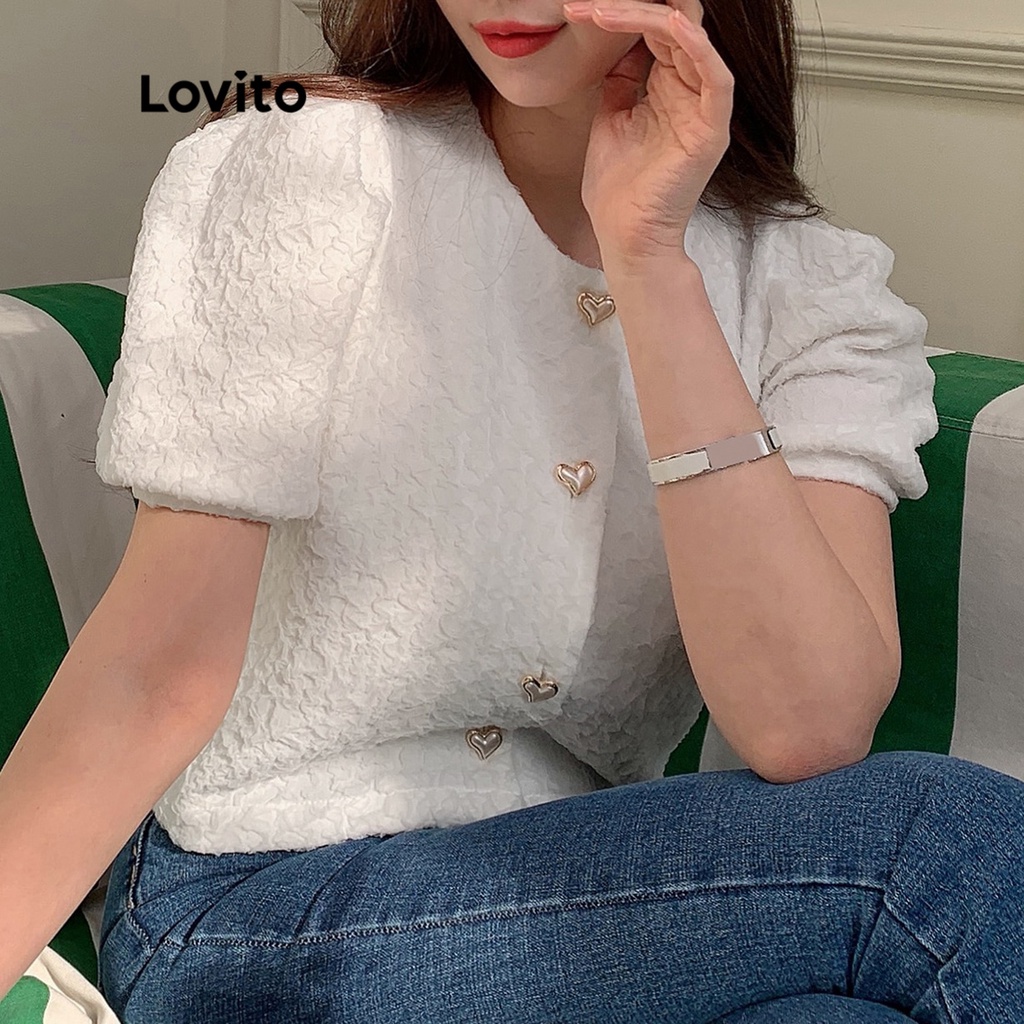 Áo kiểu Lovito màu trơn nút ngọc trai tay phồng phong cách thường ngày dành cho nữ L52AD033 (trắng)
