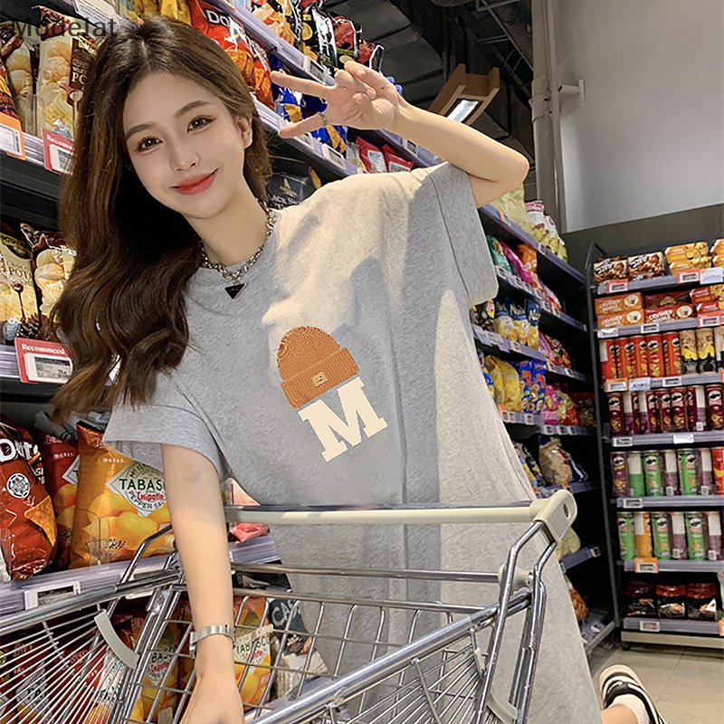 Đầm Midi Cổ Tròn Dáng Rộng Xẻ Tà In Chữ Đơn Giản Thời Trang Mùa Hè Cho Bạn Gái