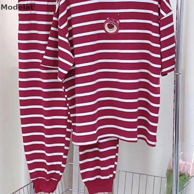 Bộ Đồ Ngủ Pijama Tay Ngắn In Họa Tiết Kẻ Sọc Dễ Thương Thời Trang Mùa Hè Cho Nữ