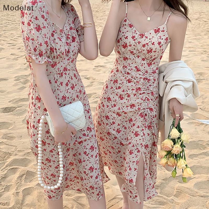 Đầm Midi In Hoa Cổ Chữ V Thanh Lịch Thời Trang Đi Biển Mùa Hè Cho Bạn Gái