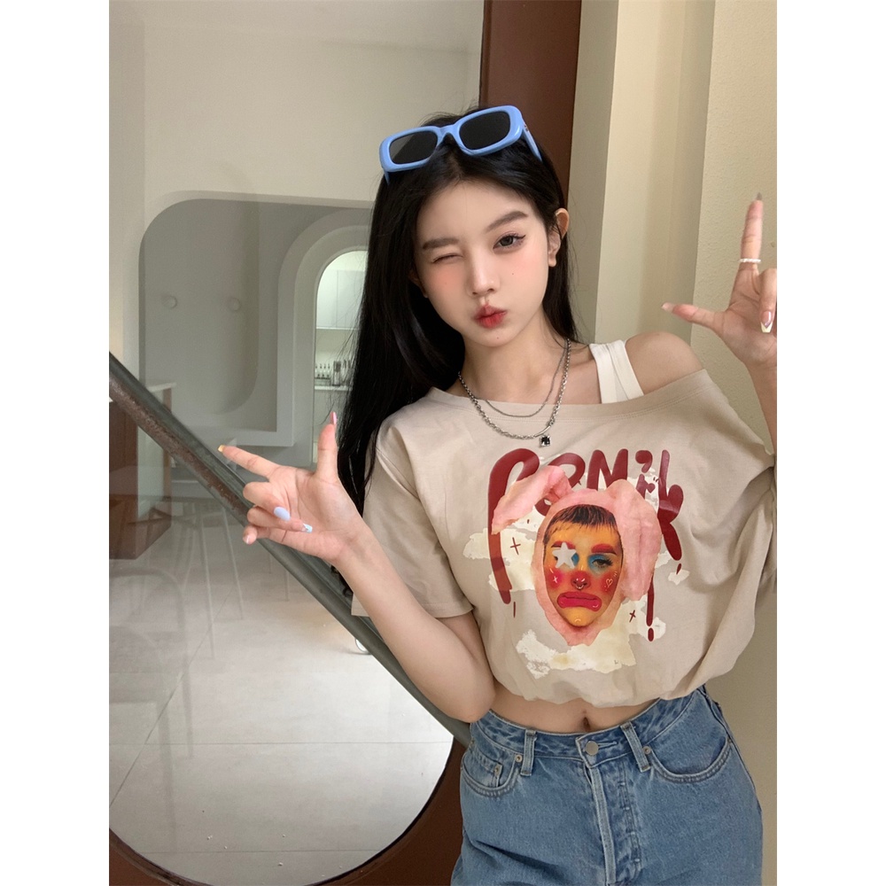Áo Thun Tay Ngắn Dáng Rộng Giả Hai Lớp In Hình Chú Hề Kiểu Hàn Quốc Dễ Thương