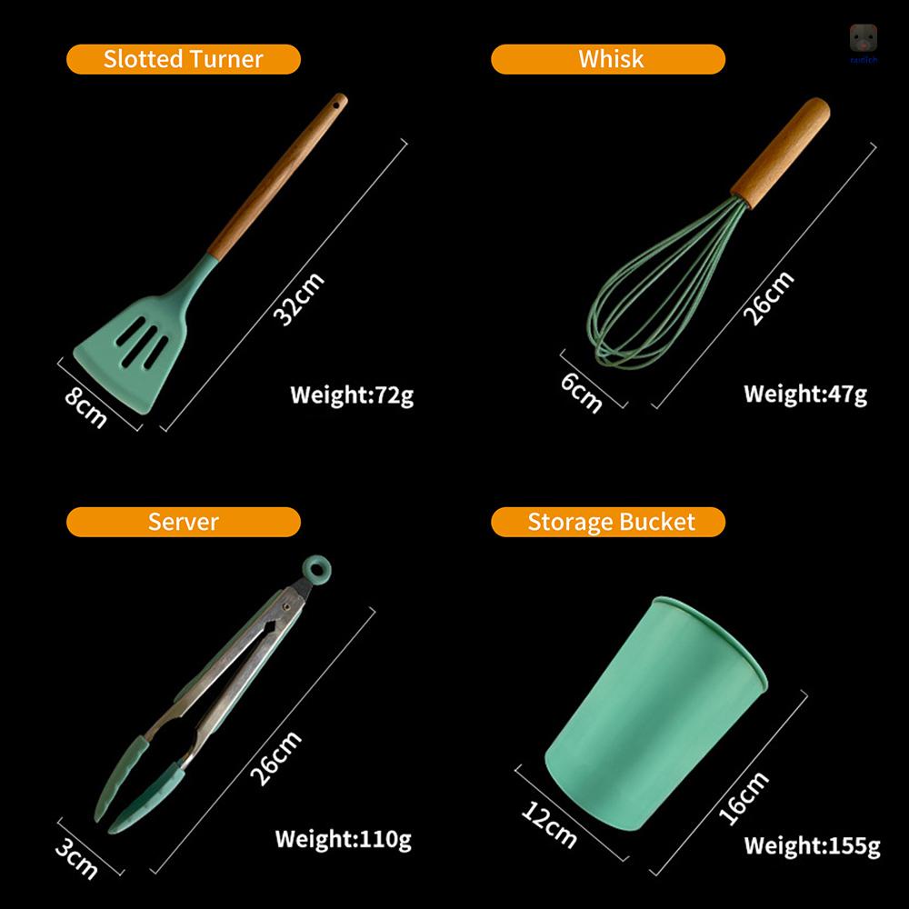 Bộ 12 Dụng Cụ Nấu Ăn Bằng Silicone Cán Gỗ Cách Nhiệt Chống Dính