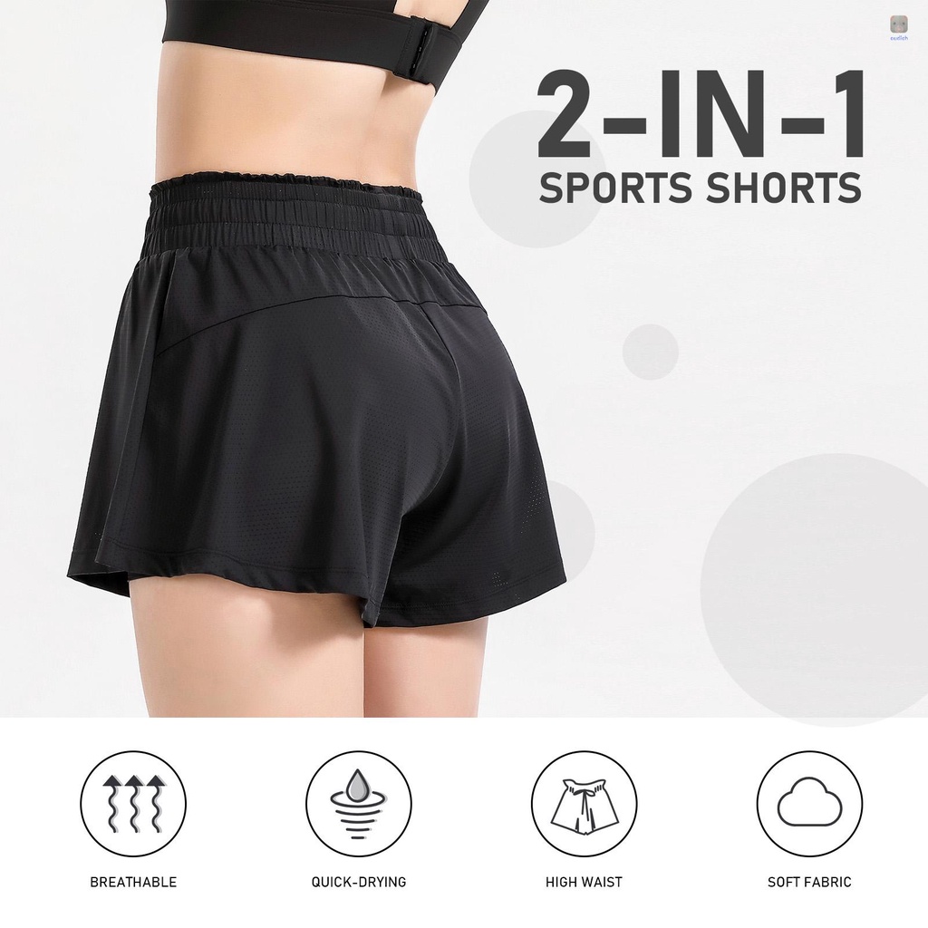 Quần Short Thể Thao Nữ Lưng Cao 2 Trong 1 Chất Liệu Thông Thoáng Nhanh Khô