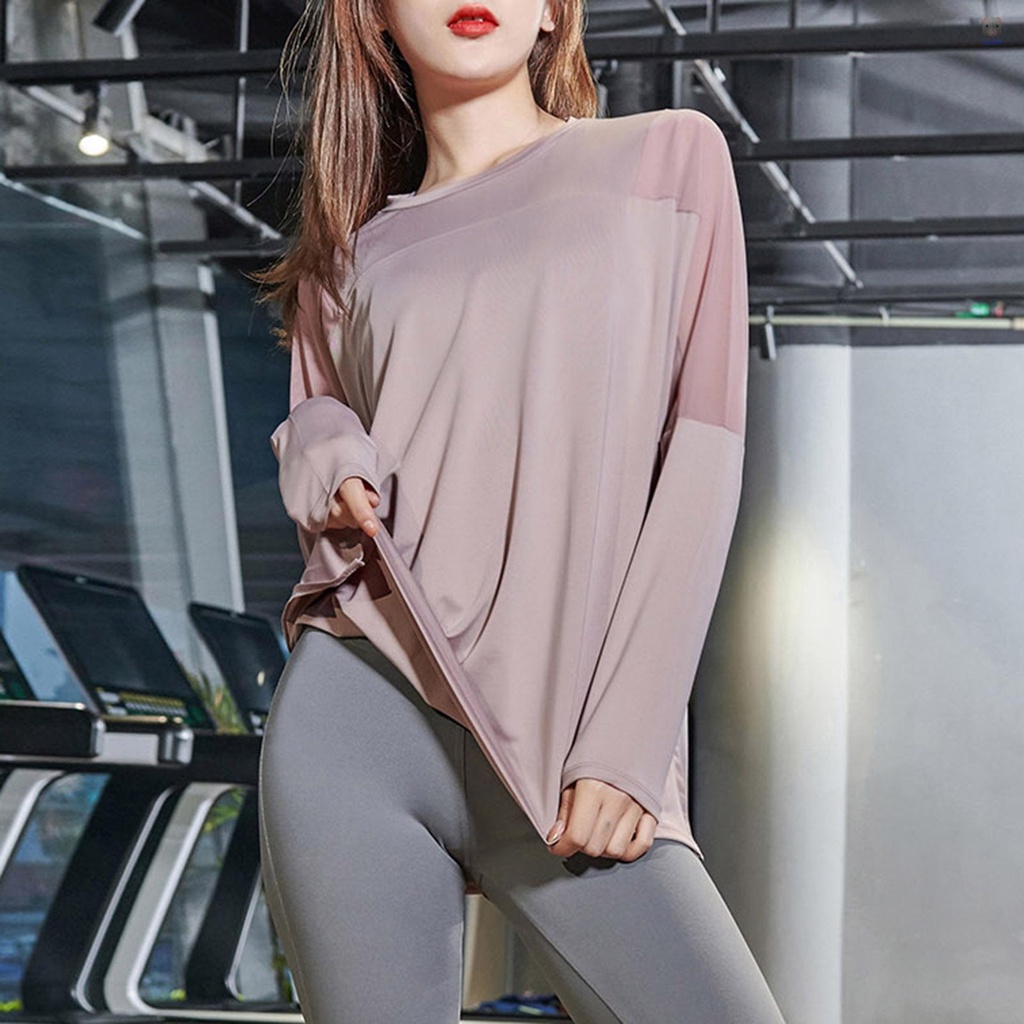 Áo Thun Thể Thao Tay Dài Cổ Tròn Phối Lưới Thoáng Khí Khô Nhanh Chống Ẩm Cho Nữ