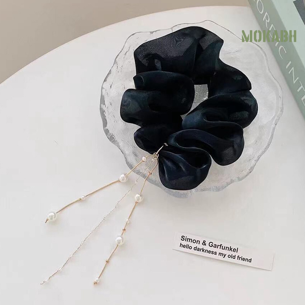 Dây Cột Tóc Satin Co Giãn Tốt Màu Trơn Đính Ngọc Trai Giả Xinh Xắn Cho Nữ