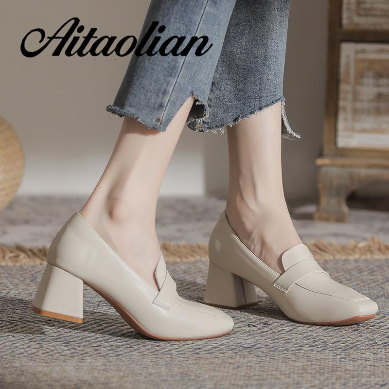 Giày Cao Gót 6cm Da Thật Mũi Vuông Phong Cách retro Anh Quốc Cho Nữ Mềm