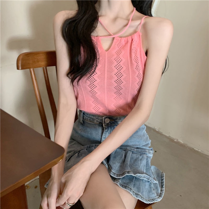 Áo Hai Dây Dệt Kim Mỏng Màu Trơn Mùa Hè Gợi Cảm Cho Nữ