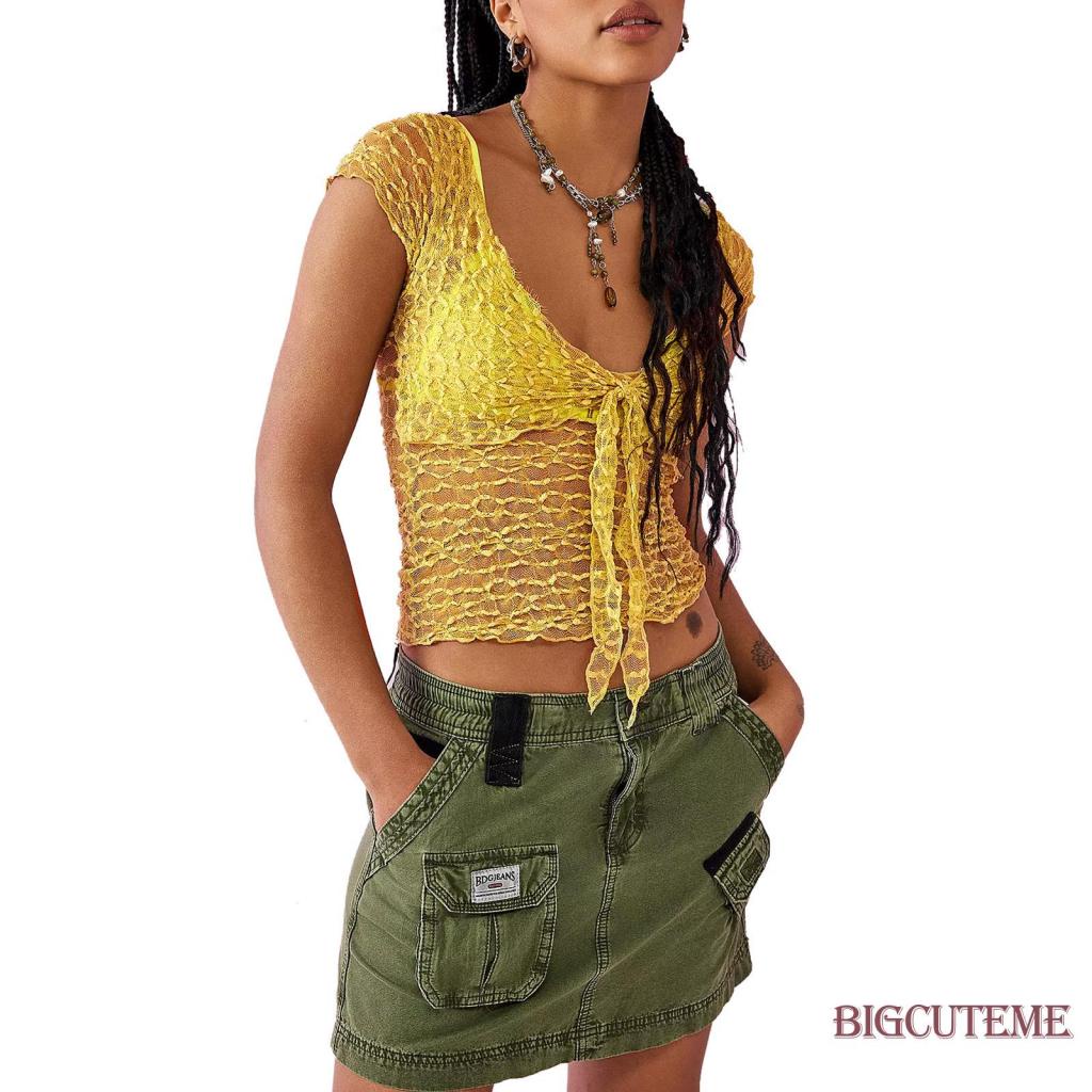 Áo Crop Top Tay Ngắn Cổ Chữ U Xuyên Thấu Màu Sắc Đơn Giản Dành Cho Nữ