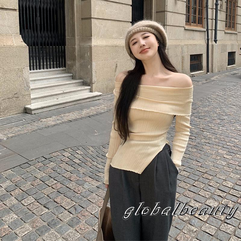 Áo Dệt Kim Dài Tay Trễ Vai Màu Sắc Đơn Giản Cho Nữ