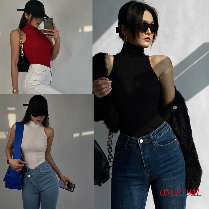 Áo Croptop Dệt Kim Sát Nách Cổ Lọ Màu Trơn Dáng Ôm Gợi Cảm Cho Bạn Gái