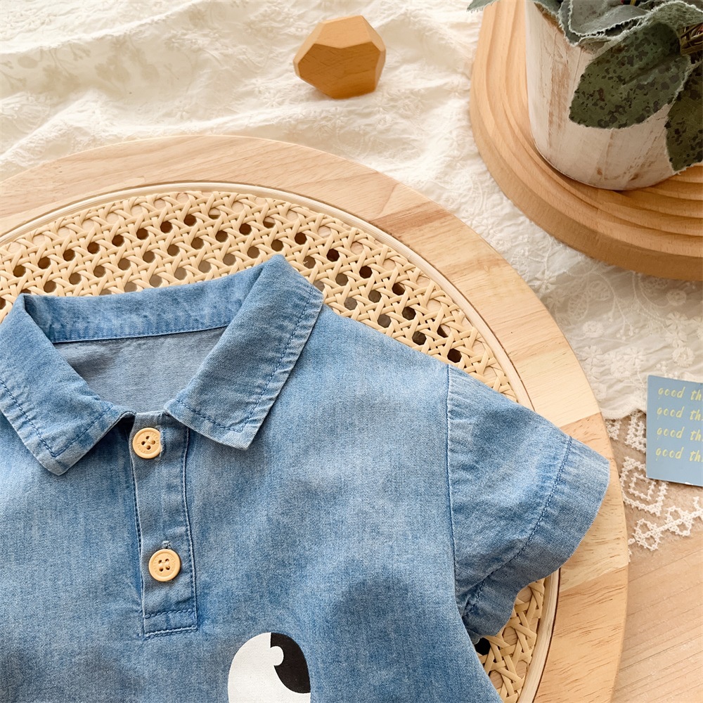 Bộ Áo Liền Quần Vải Denim Tay Ngắn Dễ Thương Thời Trang Mùa Hè Cho Bé