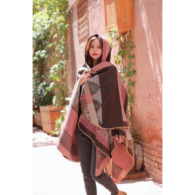 Yunnnan Áo Choàng Có Mũ Trùm Đầu Phong Cách Dân Tộc Retro Nhiều Màu Sắc Ấm Áp Mùa Thu Đông Xinjiang