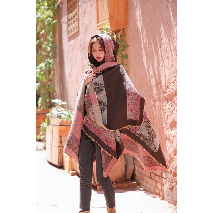 Yunnnan Áo Choàng Có Mũ Trùm Đầu Phong Cách Dân Tộc Retro Nhiều Màu Sắc Ấm Áp Mùa Thu Đông Xinjiang