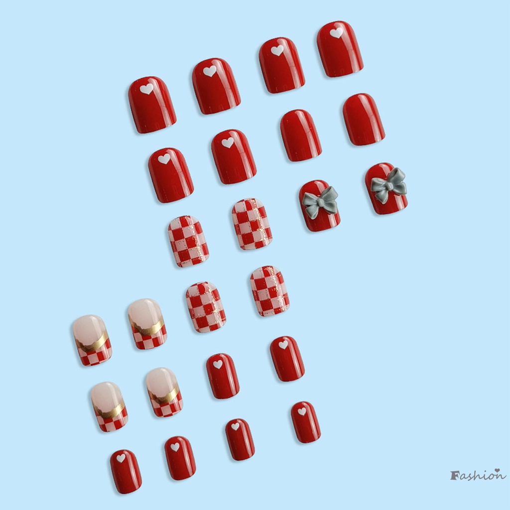 Bộ Móng Tay Giả Ngắn Chống Nhòe Đính Nơ Xinh Xắn