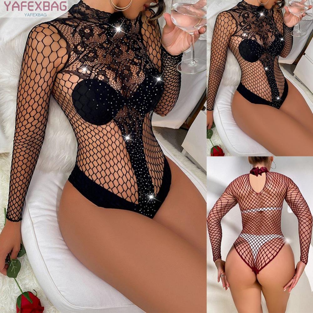 Women Fishnet Lingerie Sexy Shiny Rhinestone Bodysuit Nightwear Hollow Sleepwear