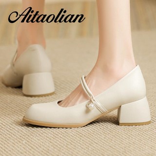 Giày cao gót 5cm da thật mũi vuông phong cách retro anh quốc cho nữ