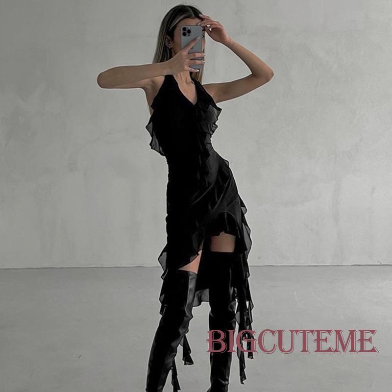 Đầm Midi Hai Dây Cổ Chữ V Màu Đen Trơn Thời Trang Cho Nữ