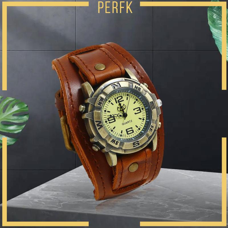 Đồng Hồ Đeo Tay Dây Da Màu Đen Phong Cách Punk Vintage Cho Nam