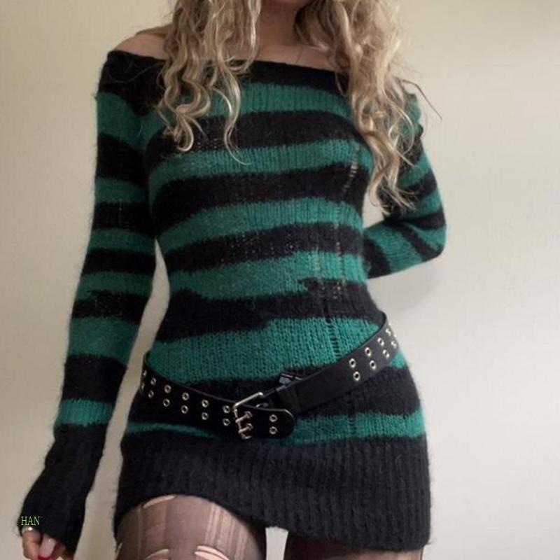 Đầm Dệt Kim Trễ Vai Họa Tiết Sọc Ngang Thời Trang Thanh Lịch Dành Cho Nữ