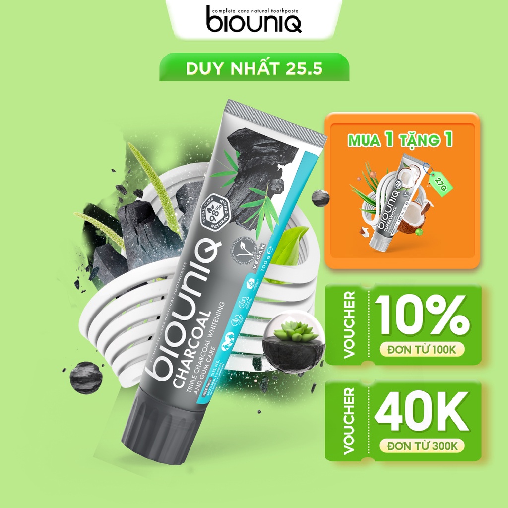 Kem Đánh Răng Làm Trắng Răng BIOUNIQ Charcoal x3 Whitening Nano Than Hoạt Tính Làm Trắng Tới 2 Tone Sau 4 Tuần 100G