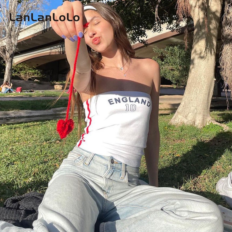 Áo ống LanLanLoLo 100% cotton dáng ôm in chữ thời trang 2023 cho nữ